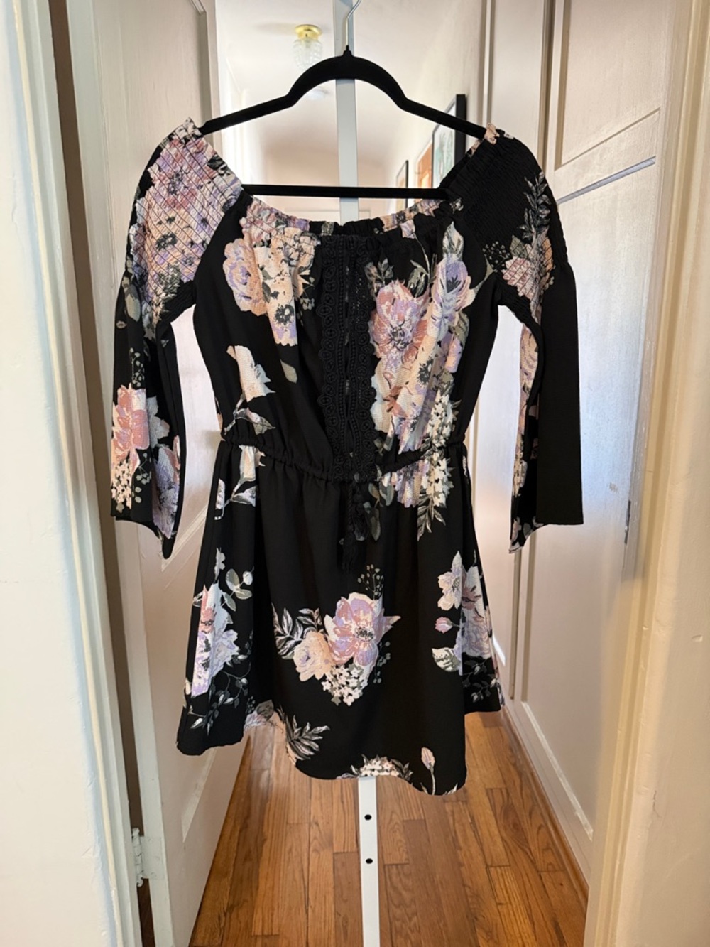 feathers Black Off-Shoulder Mini Dress with Pastel Floral Print